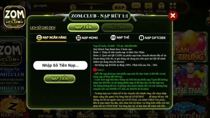 Cách nạp và rút tiền từ tài khoản tại Zomclub